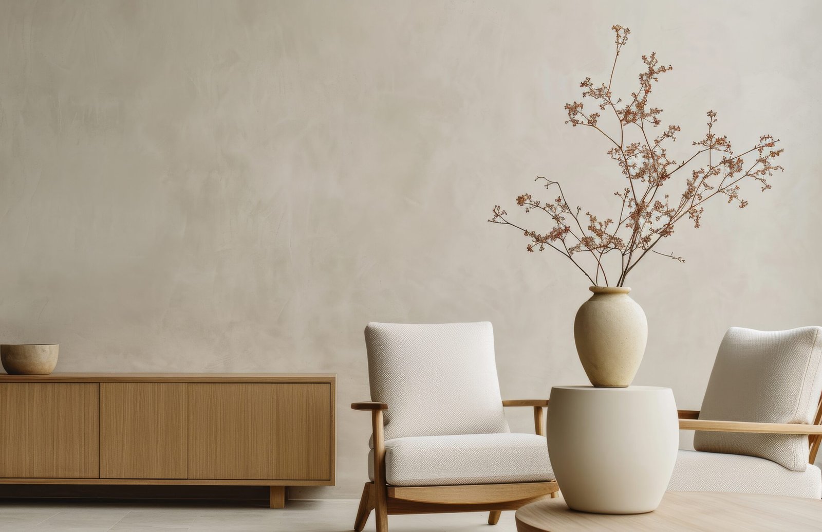 A minimalist living room featuring two white chairs, a wooden cabinet, and a vase of delicate pink flowers on a round table. The wall is a light beige.